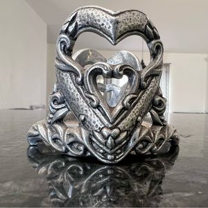 Carson Double Heart Pewter Jar Candle Holder  Ornate Vintage 1990s